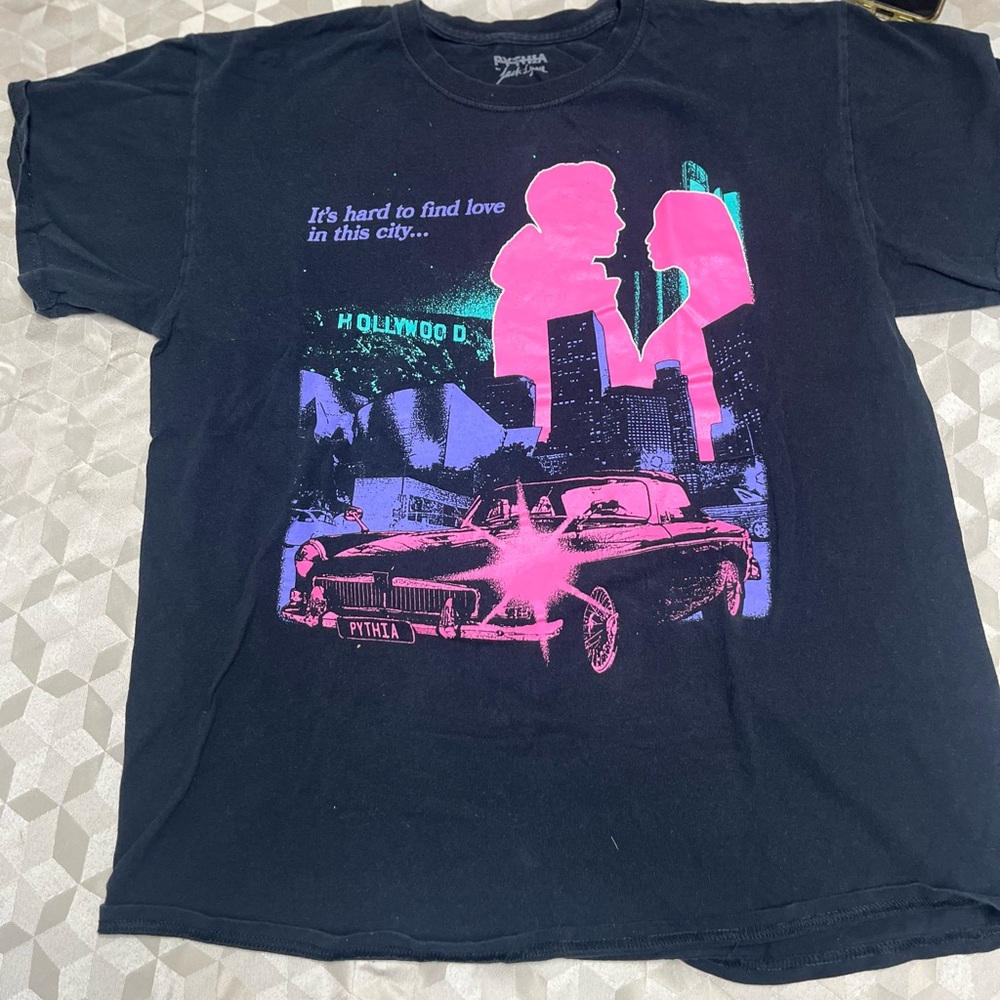 Black Graphic Tee with Pink and Blue Design
